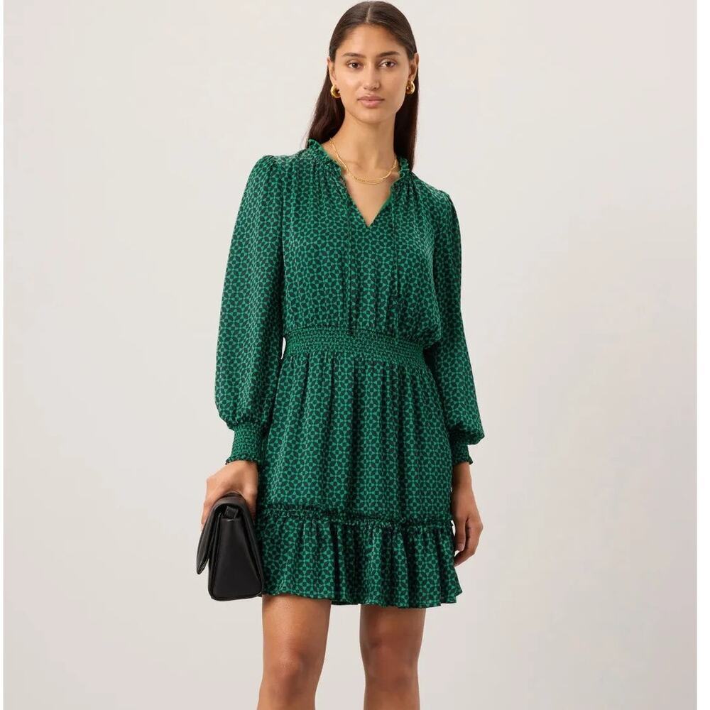 CeCe Dress Geometric Print Balloon Long Sleeve Tie Neck Mini Blouson Green XL